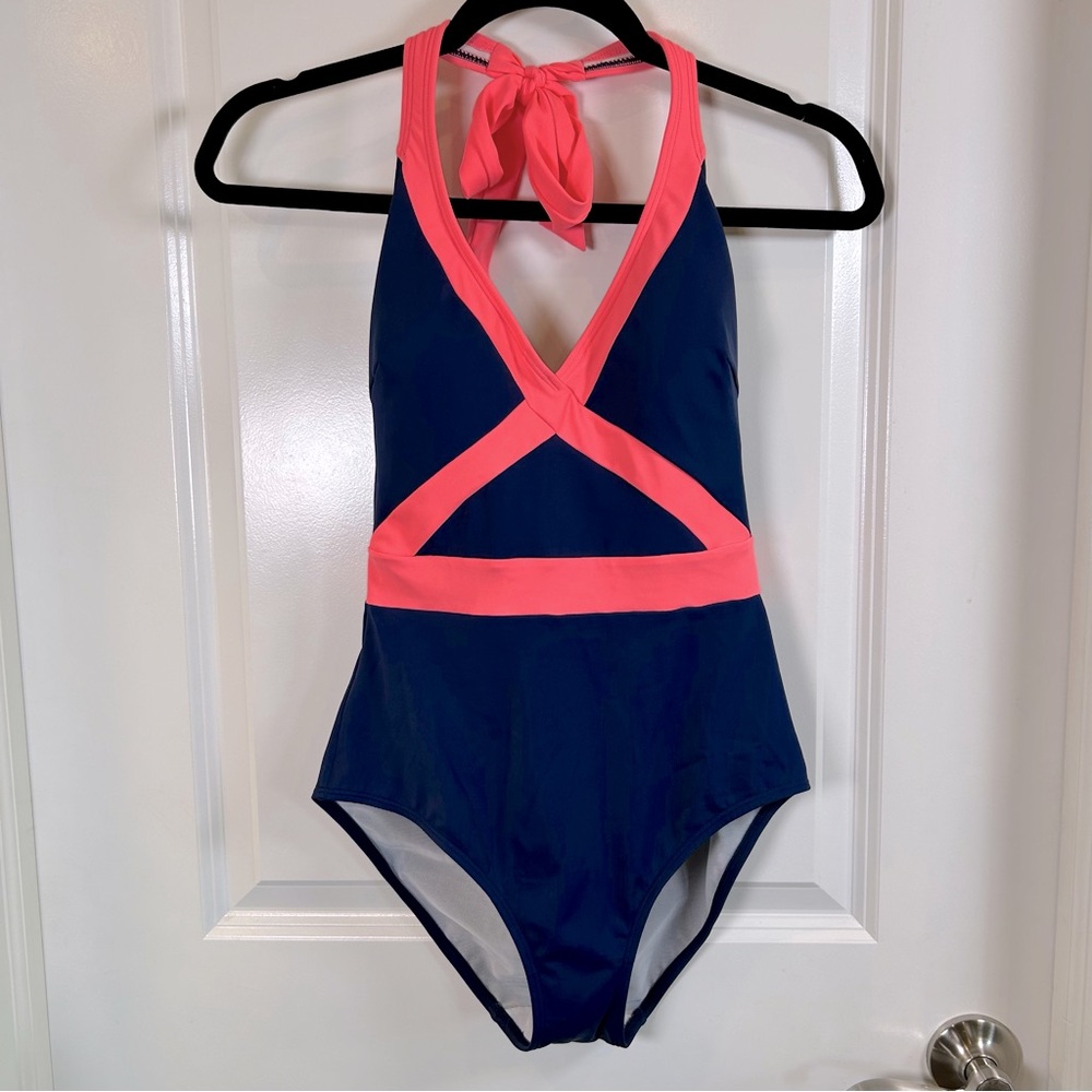 Boden Navy One-Piece Swimsuit with Coral Pink Trim